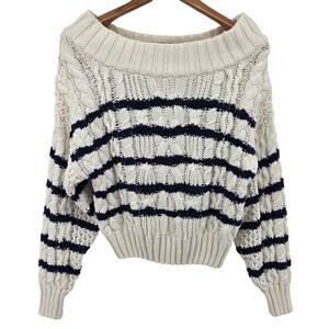 Anthropologie Striped Chunky Knit Sweater Womens S Cream Navy Preppy Casual